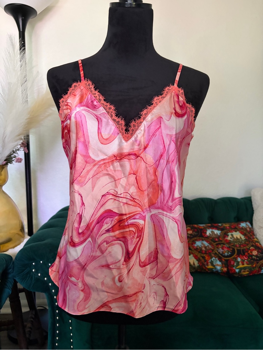 Women's Pink Marble Satin Lace-Trim Camisole Tank